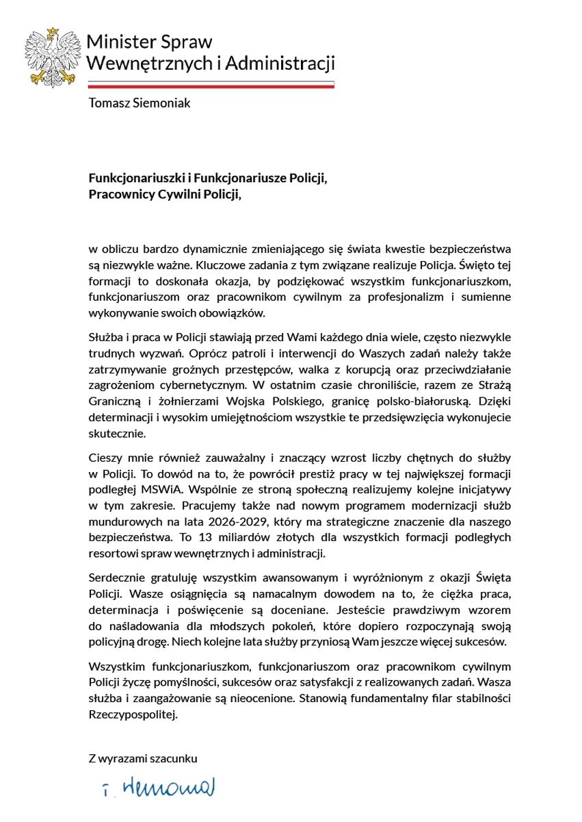 Życzenia ministra spraw wewnętrznych i administracji z okazji Święta Policji.