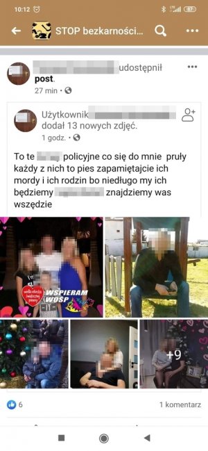 zrzut z ekranu telefonu przedstawiający obraźliwy i nienawistny w stosunku policjantów post