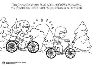 Rysunek - Na rowerze po zmroku jeżdżę zawsze ze światłami i nie zapominam o kasku!